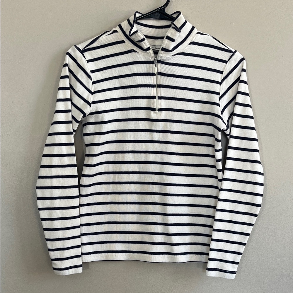 LL Bean ribbed navy/white striped heavy cotton quarter-zip pullover size XS